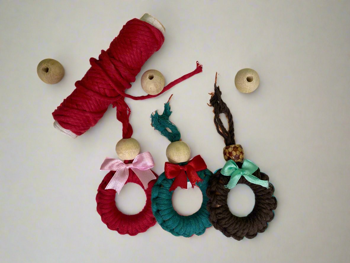 Macrame Christmas Tree Ornament Wreath with Ribbon | Set of 3 | - Navam
