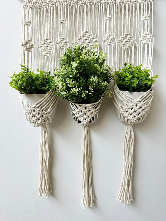 Boho Macrame Triple Plant Hanger | Handmade Wall Hanging Planter for 3 Pots