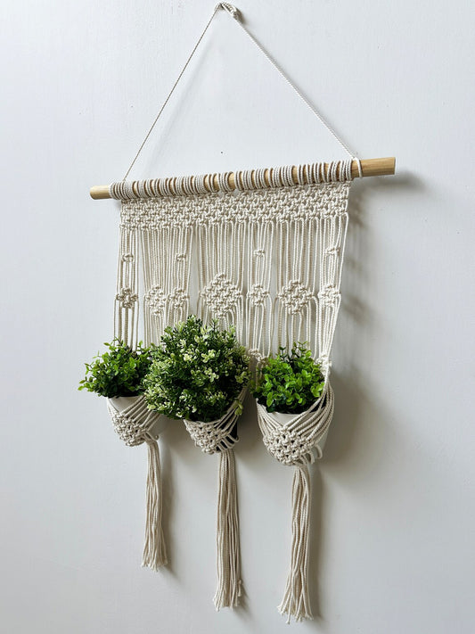 Boho Macrame Triple Plant Hanger | Handmade Wall Hanging Planter for 3 Pots