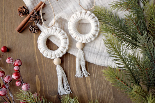 Macrame Christmas Tree Ornament Wreath with Ribbon | Set of 3 | - Navam