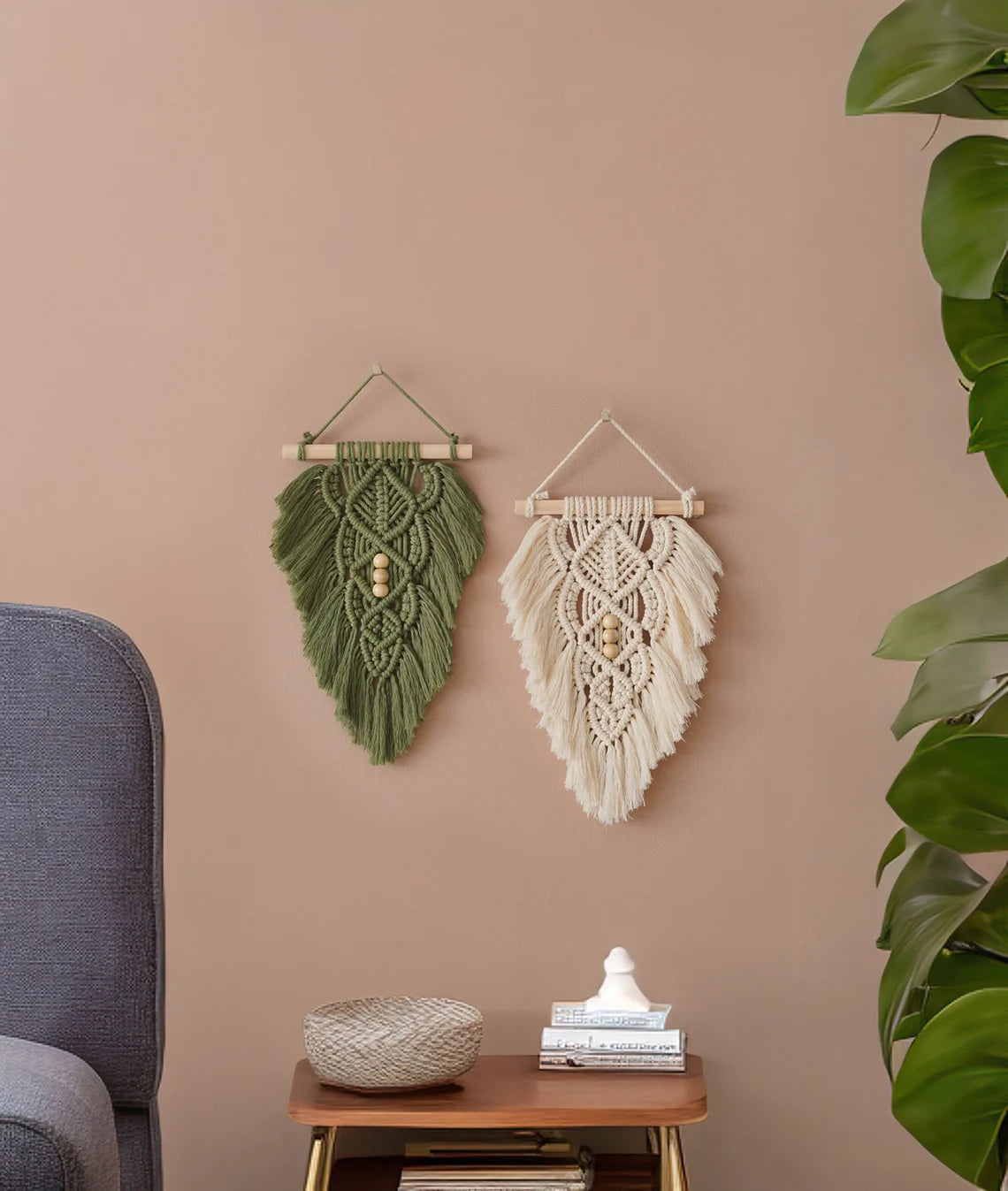Macrame Leaf Wall Hanging | Boho Farmhouse Wall Decor | Set of 2 |