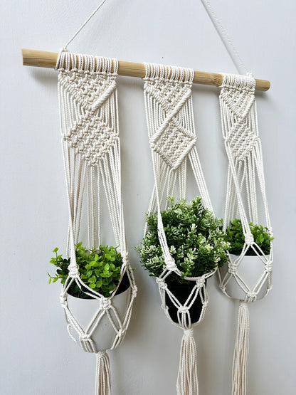 Natural Macrame 3-Pot Hanging Planter | Boho-Inspired Triple Plant Holder for Wall or Window Display