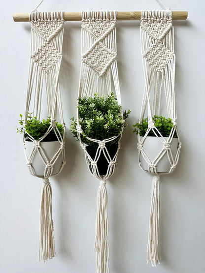 Natural Macrame 3-Pot Hanging Planter | Boho-Inspired Triple Plant Holder for Wall or Window Display