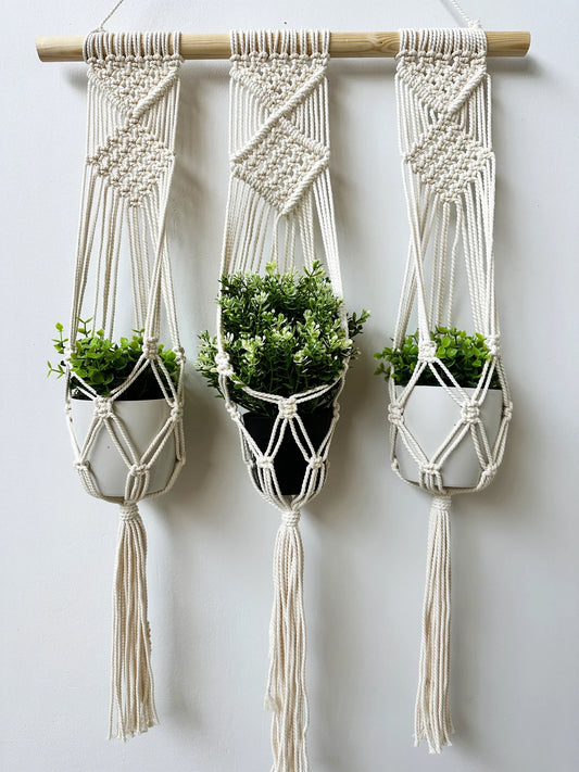 Natural Macrame 3-Pot Hanging Planter | Boho-Inspired Triple Plant Holder for Wall or Window Display