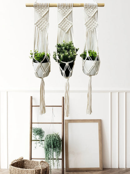 Natural Macrame 3-Pot Hanging Planter | Boho-Inspired Triple Plant Holder for Wall or Window Display