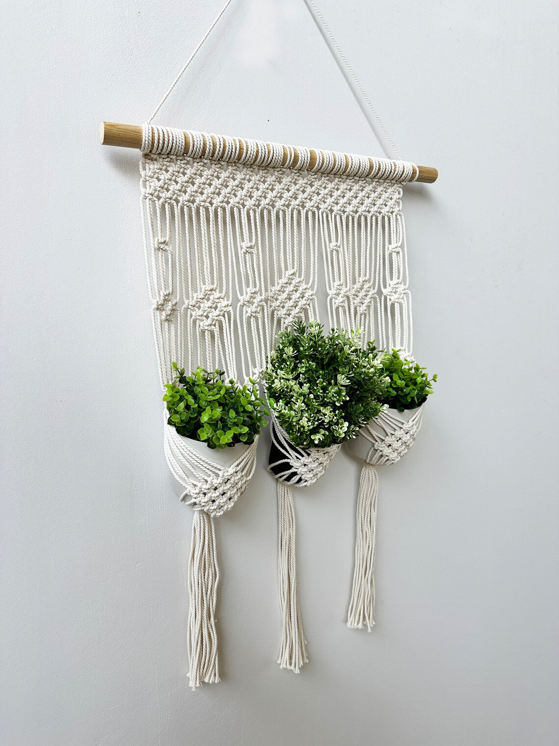 Boho Macrame Triple Plant Hanger | Handmade Wall Hanging Planter for 3 Pots