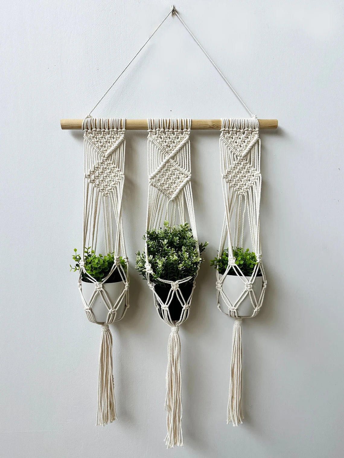 Natural Macrame 3-Pot Hanging Planter | Boho-Inspired Triple Plant Holder for Wall or Window Display