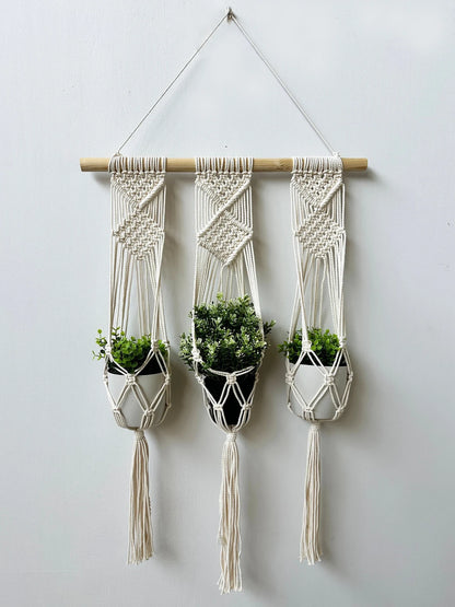 Natural Macrame 3-Pot Hanging Planter | Boho-Inspired Triple Plant Holder for Wall or Window Display